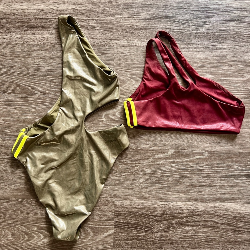 Ivy Park X Adidas Asymmetric Cutout two-Piece Swimsuit Olive & Maroon. size L - Picture 9 of 16